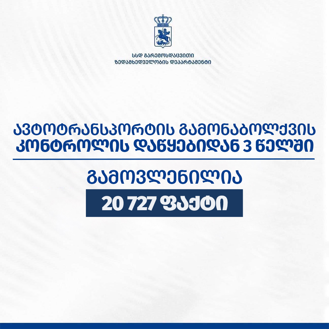 გარემოსდაცვითი ზედამხედველობის დეპარტამენტმა, მონიტორინგის დაწყებიდან 3 წელში, ავტოტრანსპორტის გამონაბოლქვის დადგენილ ნორმებთან შეუსაბამობის 20 727 ფაქტი გამოავლინა